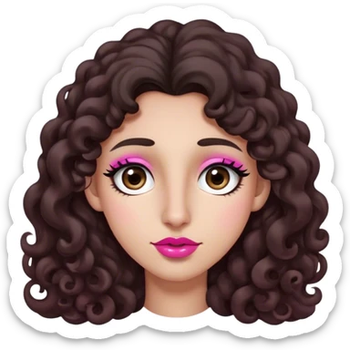 Long dark brown curly hair, long nose, long chin, long face, small dark brown eyes, dark far eyebrows, light medium skin tone, pink nude small lips sticker