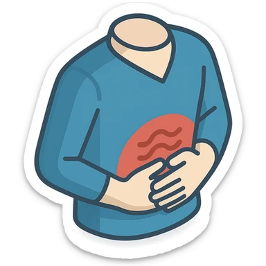 pain in stomach, torso in clothing, hands holding stomach, waves of pain, 2d isometric style, detailed shadows and highlights, no face and legs, only torso in clothing, stomach, hands and pain, transparent background sticker