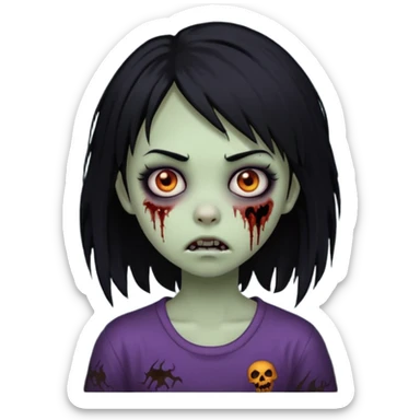 girl black hair, medium long, emo, shaggy, zombie, dark, spooky, creepy expression sticker