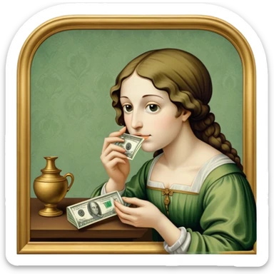 Renaissance painting of someone smelling a mirror on the table through a rolled up dollar bill  sticker