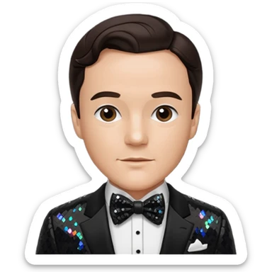 Gene Kelly with dark brown hair, black sequin suit with bow tie sticker