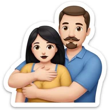 Couple, Tall strong white man with brown mustache goatee hugging a chubby short pale woman with long black hair sticker