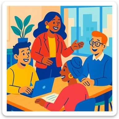 a friendly work team during a briefing, smiling, collaborative, modern office, diverse group, vibrant colors sticker