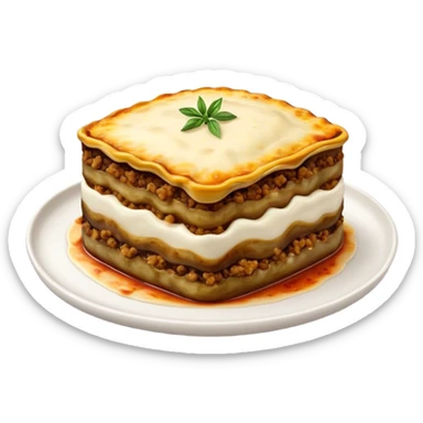 Cinematic Realistic Moussaka Dish Emoji, depicted with layers of eggplant, minced meat, and b√©chamel sauce rendered with rich textures and warm, inviting lighting that captures its Mediterranean flavor. sticker