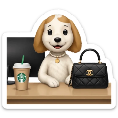 snoopy in a desk with starbucks and his chanel purse sticker