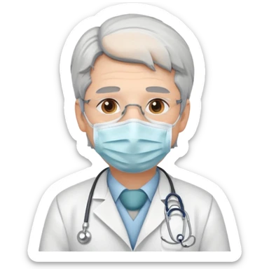 This is a cartoon-style avatar of a doctor with gray hair, wearing a face mask sticker