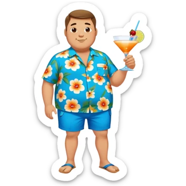 chubby guy full figure in a flowered azure havai shirt, brown shorts and flippers holding a cocktail sticker
