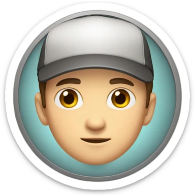 Guy with brown hair and short, brown eyes with a cap that is inside a circle window that try to exit sticker