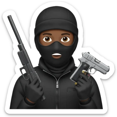 A black man wearing a ski mask holding a gun sticker