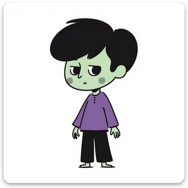 zombie boy with black emo hair and purple shirt, hand-drawn doodle style sticker