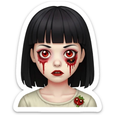 zumbie com cabelo preto e liso de franja vegana e olhos vermelho sticker