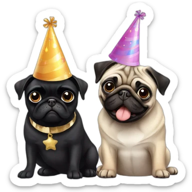 pug and black pug wearing birthday hat sticker