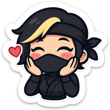 Sexy chibi ninja girl with black short hair and a blonde streak, only head and arms, colorful chibi style with bold outlines, transparent background, no mask, love expression with blushing cheeks and hands on cheeks, sized for Twitch emoji use. sticker