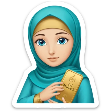 Turkish beautiful finish Konya girl blue eyes with gold hijab and islamic long tailed turquoise dress and had on her hand text Eid Mubarak  sticker