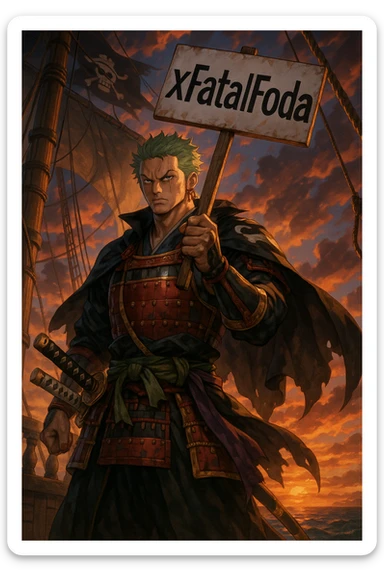 Zoro from One Piece standing on a pirate ship deck at sunset, holding a protest sign with ‘xFatalFoda’, dramatic Wano arc anime illustration, highly detailed sticker