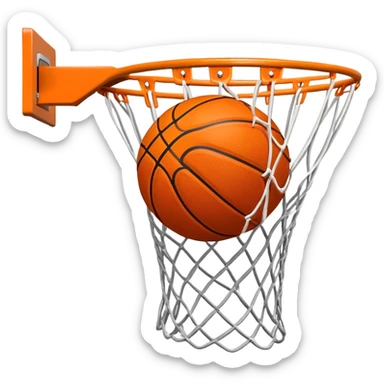 A close-up of a basketball shield and hoop with the ball swishing through the net, captured mid-air. The background emphasizes the tension and excitement of the moment, with the rim and net in sharp focus, showcasing the precision and skill of the sport. sticker