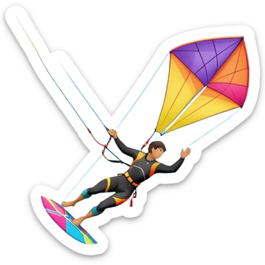 A kitesurfer soaring through the sky, harnessing the wind on a bright, colorful kite. The scene shows the surfer gliding over the water with the kite above, emphasizing the freedom, speed, and thrill of the sport in a dynamic coastal setting. sticker