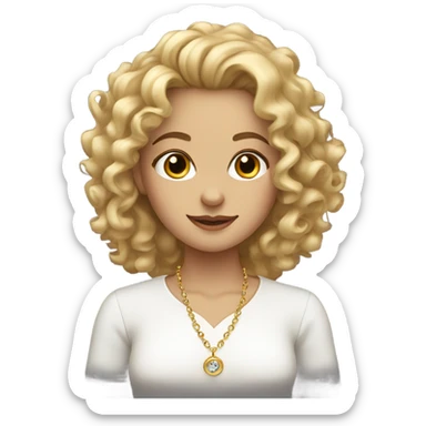 A curly - haired blonde girl in a white blouse with a necklace around her neck sticker