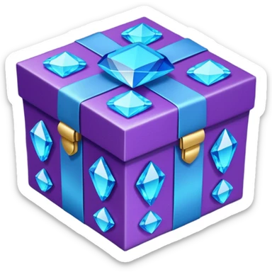  gift box . The square box displays vibrant purple panels with shimmering blue accents and intricate metallic detailing along its borders. Embed decorative gemstones and crystals at each corner for added visual interest. sticker