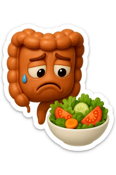 EMOJI STILE IPHONE DI UN INTESTINO UMANO ANATOMICO CHE GUARDA UN INSALATA CON ESPRESSIONE TRISTE E RASSEGNATA IN VOLTO: SOFFRE LA FAME PERCHé è A DIETA, FAGLI ANCHE LA PARTE BIANCA DEGLI OCCHI, NON SOLO LE PUPILLE, IPERREALISTICO 4K sticker