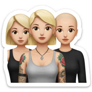 throuple blonde femaleand brunette female with bald tattooed sticker