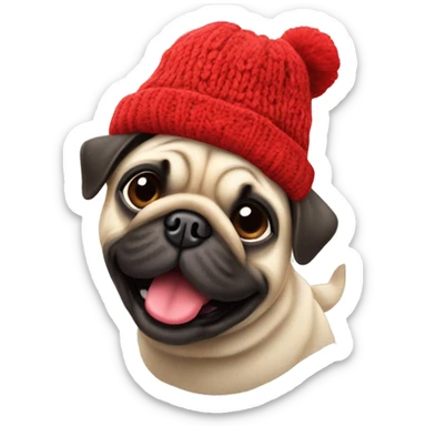 Cheerful pug in a red Knitted hat sticker