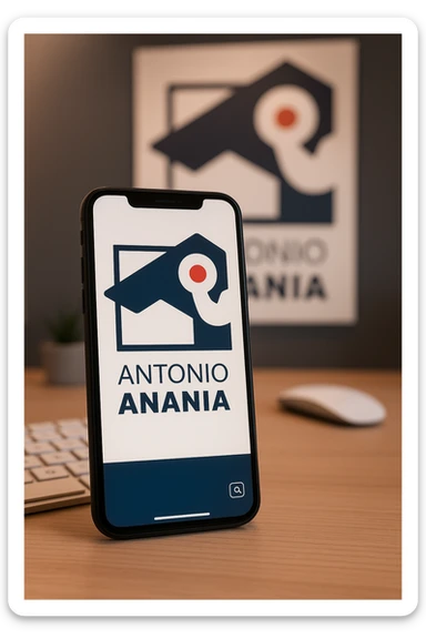 A photo of an iPhone on the desk with the logo of "Antonio Anania" on its screen, The phone sits atop a desk with a blurred with the logo in the background that suggests work environment. A faint glow from above casts gentle shadows across the surface of each object, creating depth and highlighting their textures sticker