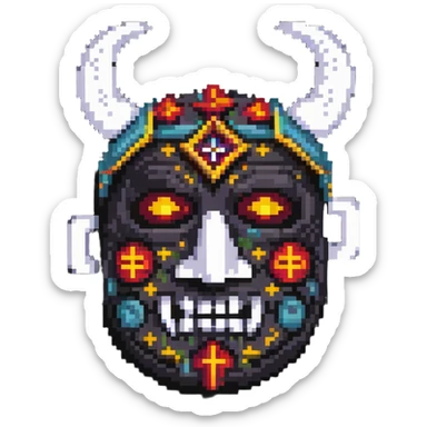 sackface character with elaborate ritual symbols stitched into mask sticker
