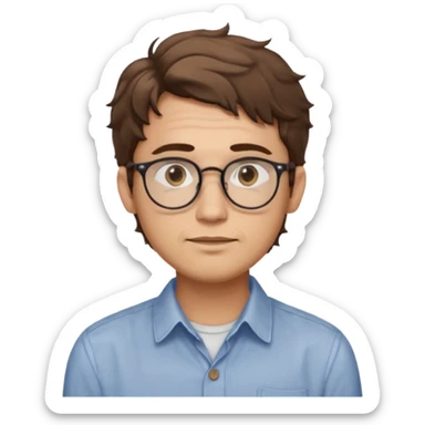 male Slim, slightly oval face, light skin.
Medium-length brown wavy hair, slightly messy.
Brown eyes, round eyeglasses.
Soft, calm expression.
No beard or very light stubble. sticker