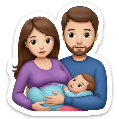 Pregnant woman with long brown hair and fair skin, and man with short brown hair and fair skin, holding a baby in his arms.

 sticker