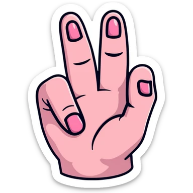 index and middle fingers pointing up, ring finger bent, little finger pointing up. index and middle fingers in pink icing, little finger in chocolate icing sticker