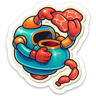 a robot that uses arms to put meat in large hole on top. sausage links come out robots rear. no legs on robot. robot hovers. robot feeds itself meat sticker