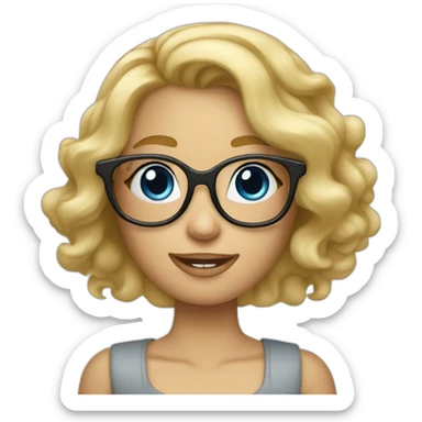 Blond girl with wavy hair, glasses, blue eyes, apple computer and arms tattoed sticker