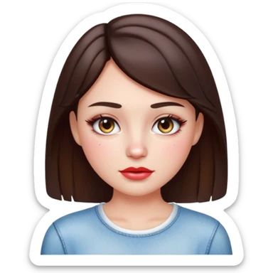 “Emoji brunette girl white top, dewy skin, heavy blush across cheeks and nose bridge, glossy cherry lips, soft eyeliner, teary sparkling eyes like hanni from new jeans sticker