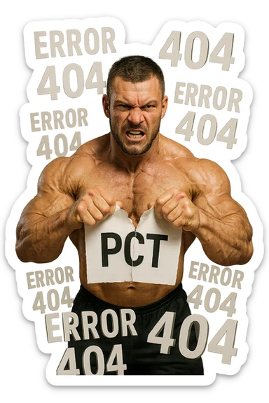 bodybuilder che strappa un foglio con la scritta "PCT" INTORNO A LUI FLUTTUANO LE PAROLE "ERROR 404", IPERREALISTICO 4K sticker