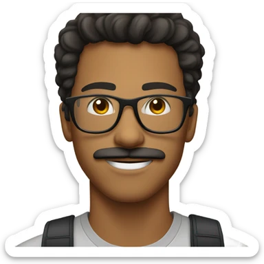 young man with dark hair, mustache, and scruff, wearing clear framed glasses sticker