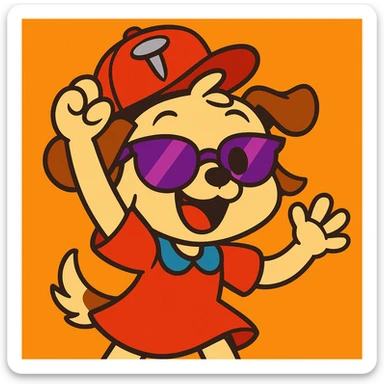 fun and expressive cartoon style puppy girl holding up a nail-themed hat, wearing half purple sunglasses, cheerful and energetic sticker
