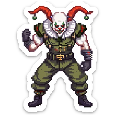 evil clown soldier, bald, short black devil horns on forehead, fangs, pointed ears, black and military green clothes, realistically proportioned, bulky and muscular, full body, fighting stance sticker
