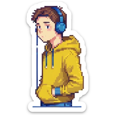 full body man wearing a yellow hoodie, earbuds in ears, suspicious expression, not proportionate body type, head to toe sticker