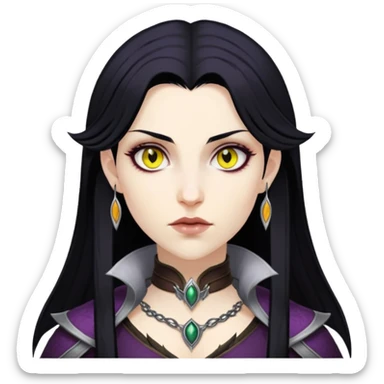 Morrigan from Dragon Age with long black hair and yellow eyes sticker