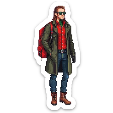 Man with long brown hair, brown goatie, sunglasses, wearing red button up shirt with a sling horizontally across the torso, wearing a black trenchcoat, blue jeans, long black military boots, red fingerless gloves, green backpack sticker