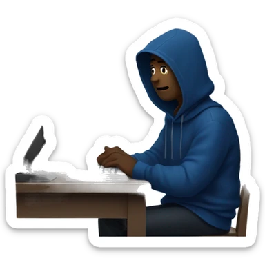 A man in a dark blue hoodie with a capelet on his head, his face not visible in the shadows, is sitting at a computer. sticker