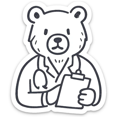 bear as a doctor, hand drawn outline, holding a clipboard, simple and clean sticker