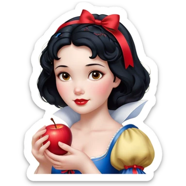 Cinematic Realistic Snow White Portrait, depicted with lifelike skin texture, soft natural lighting, and intricately detailed black hair styled with a red ribbon. Her soft brown eyes radiate innocence and kindness, complemented by a warm, gentle smile. She holds an apple in one hand, her other hand resting against her cheek, embodying her purity and charm. She is dressed in her classic yellow, blue, and red gown, the fabric rich in texture with delicate folds that catch the light beautifully. The portrait features a soft, natural glow with a radiant finish, capturing the essence of timeless beauty in a realistic and painterly style. sticker