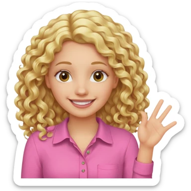 long blonde curly hair teacher wearing pink saying hello sticker