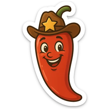 chili pepper with a smiling face and a star on the hat, friendly style sticker