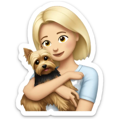 Blonde woman cuddling with Yorkie sticker