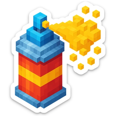 voxel style spray paint can with gold paint, spray coming out, isometric view sticker