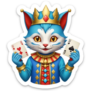 crazy colorful cute little cat jolly joker from poker, medieval, vintage, court jester, mac os icon, blue color, holds poker cards sticker