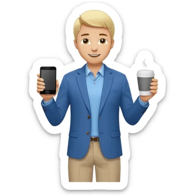 Confident and outgoing male entrepreneur, Caucasian features, short blonde hair, big friendly smile, expressive eyes, wearing a blue blazer over a light blue shirt, dark trousers and brown shoes, holding a smartphone in one hand and a coffee cup in the other, standing pose, full-body, front-facing sticker